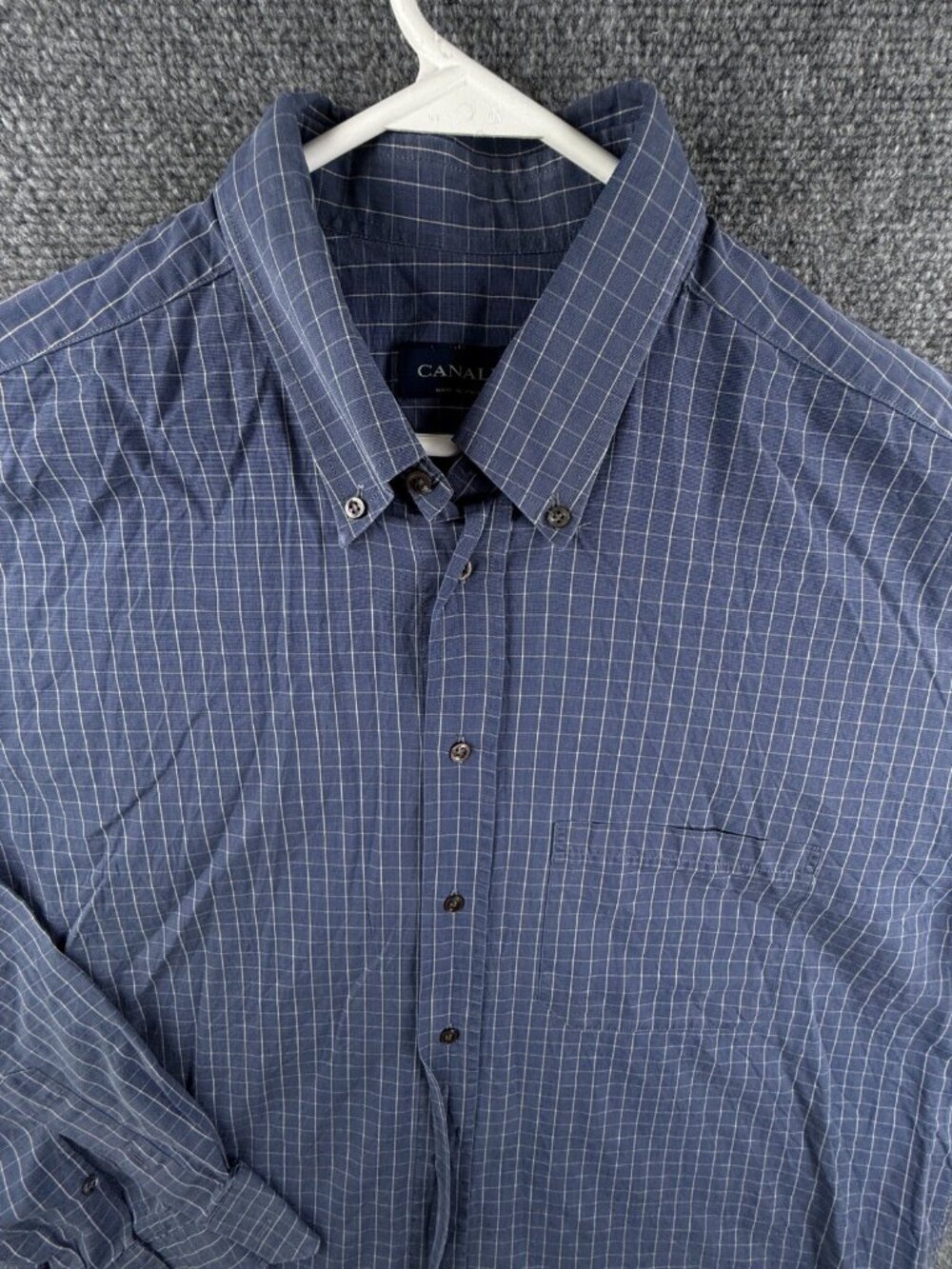 Canali Italy Button Up Shirt Men Long Sleeve Blue Check Size 17.5 Cotton Adult